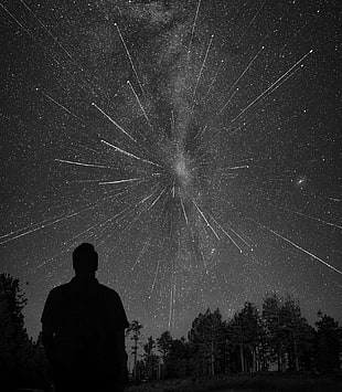 silhouette of man standing outdoor during nighttime, nature, stars, space, black