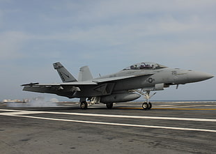 gray fighter plane, aircraft, jets, F/A-18 Hornet, ship HD wallpaper