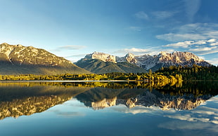 grey body of water, nature, landscape, mountains, reflection