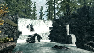 waterfalls and trees, The Elder Scrolls V: Skyrim, waterfall, trees