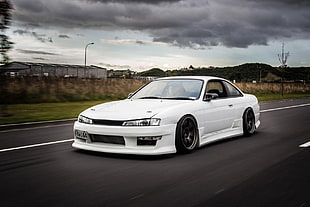 white coupe, car, Nissan 200SX, road, Stance