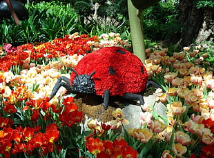 red Ladybug garden figurine surrounded by flowers