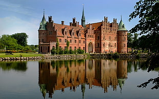 photography of orange castle near body of water and green leafy trees, funen, denmark