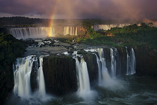 waterfalls and green trees, Iguazu Falls, waterfall, river, rainbows