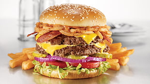 five-layered Hamburger and fries HD wallpaper