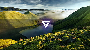 purple triangular logo, landscape