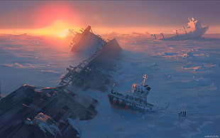wrecked ship on snow, Vitaly S Alexius, ship, sunset, sea