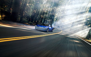 blue and white boat with trailer, Acura NSX, road, motion blur, car
