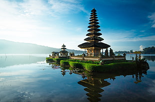 brown temple, photography, water, reflection, Bali