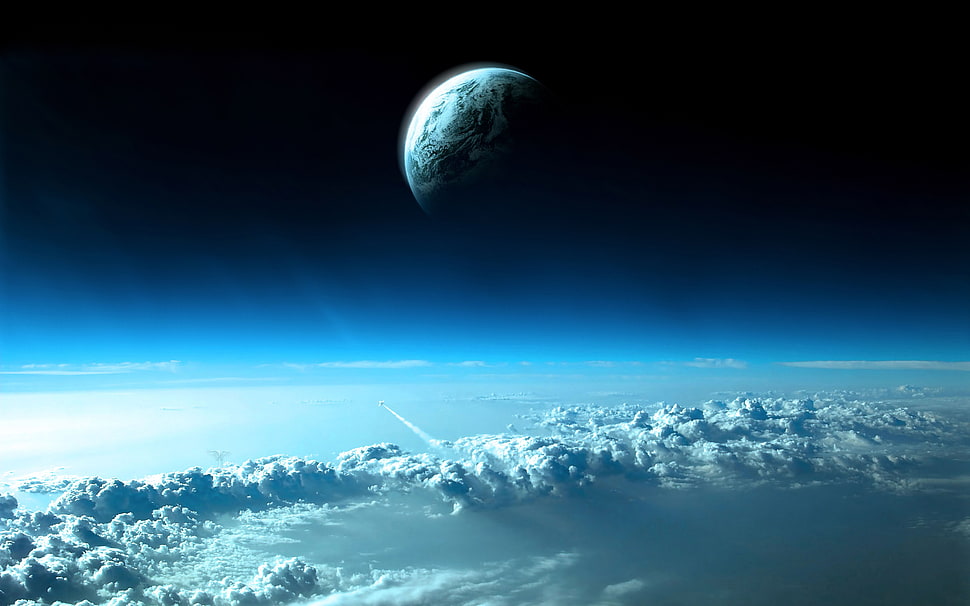 moon above clouds wallpaper, sky, planet, Earth, blue HD wallpaper