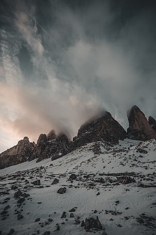 brown mountain, mountain top, nature, snow, portrait display HD wallpaper