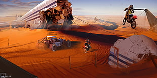 motocross digital wallpaper, artwork, concept art, desert, dune HD wallpaper