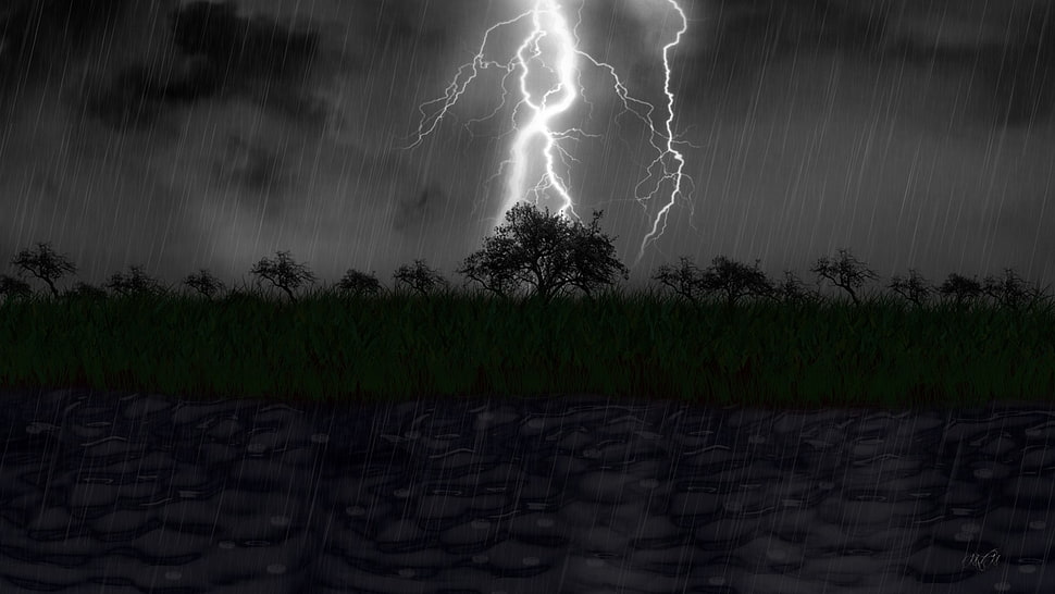 illustration of lightning, rain, storm, lake, lights HD wallpaper