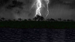 illustration of lightning, rain, storm, lake, lights