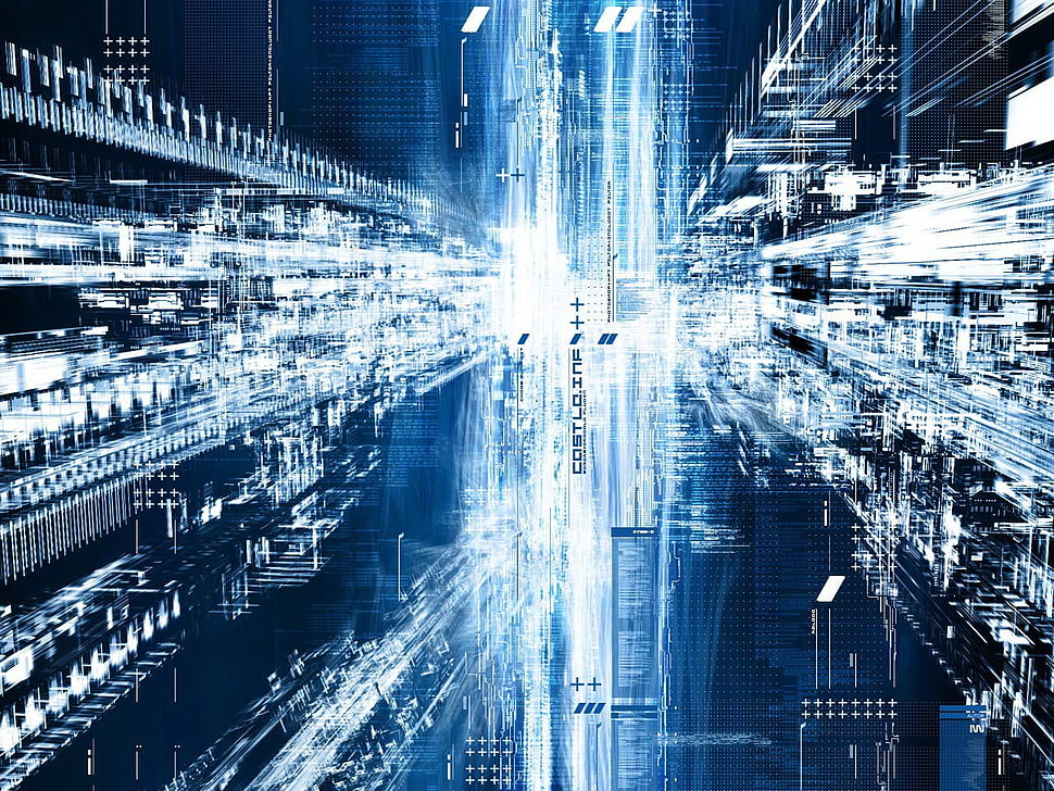 cyberspace graphics, digital art, technology, typography, blue HD wallpaper