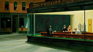 brown wooden framed glass display cabinet, painting, restaurant, Nighthawks, Edward Hopper