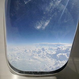 cloudy sky, airplane, window, clouds, sky HD wallpaper