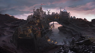 knight watching castle wallpaper, The Elder Scrolls V: Skyrim, city, fantasy art, video games