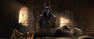 Anubis and mummy illustrations, video games, desert, ultrawide, ultra-wide