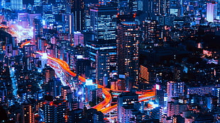 city buildings, city lights, Tokyo, night