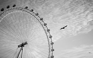 gray ferris wheel, photography, London Eye, wheels, monochrome