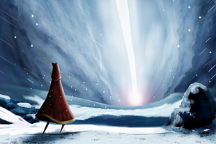 red caped person standing on snow wallpaper, fantasy art, Journey (game)