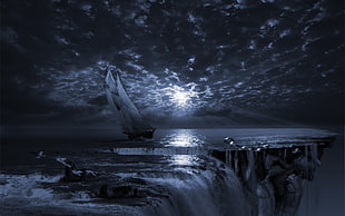 scenery of boat sailing, abstract, sailing ship, moon rays, water
