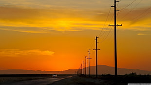 silhouette of electric post, nature, landscape, power lines, mountains