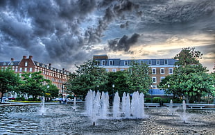 fountain near trees under cloudy clouds