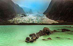 rock formation and body of water, landscape, nature, mist, glaciers