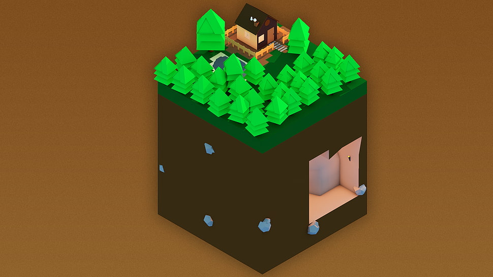 black and green wooden table, low poly, isometric, house, mountains HD wallpaper