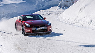 red coupe, Nissan, Nissan GT-R, winter