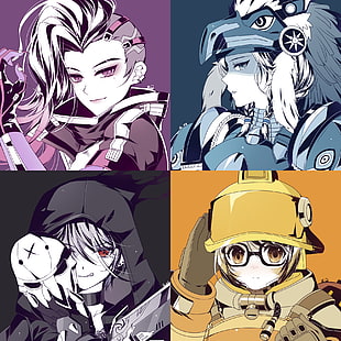four anime character illustration collage, Overwatch, Mei (Overwatch), Reaper (Overwatch), Sombra (Overwatch)