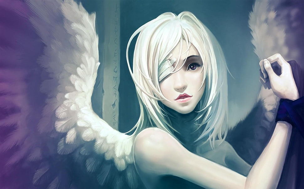 female angel fictional character with eye patch wallpaper, fantasy art HD wallpaper