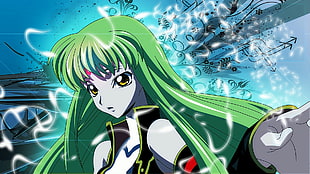 female anime character in green long hair digital wall paper