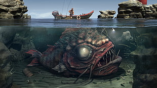 man fishing with fish 3D wallpaper, digital art, water, boat, creature