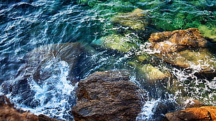 blue body of water, rock, nature, water HD wallpaper