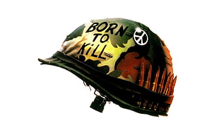 woodland camouflage born to kill-printed tactical helmet, Full Metal Jacket, movies, peace HD wallpaper