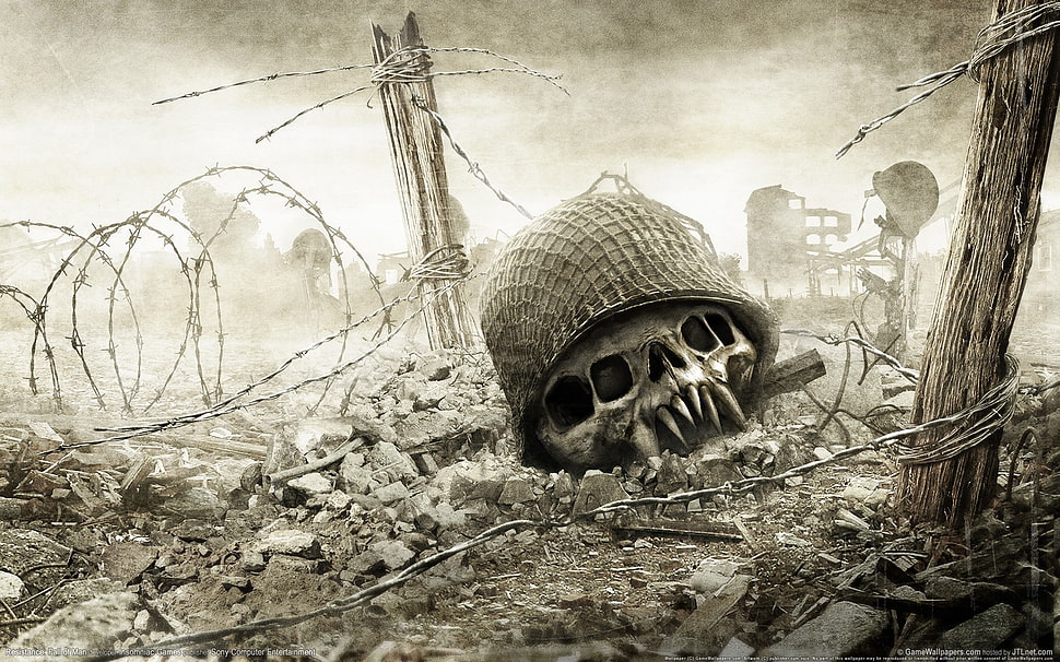 monster skull on ground, video games, Resistance: Fall of Man, skull, helmet HD wallpaper