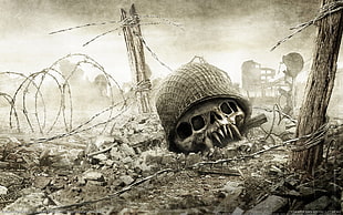 monster skull on ground, video games, Resistance: Fall of Man, skull, helmet