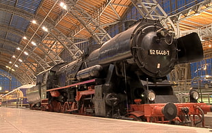 red and black train inside train station, steam locomotive HD wallpaper