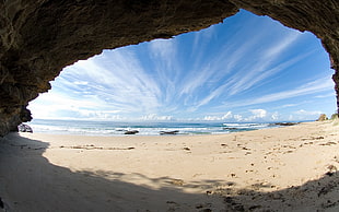brown and gray cave, sea, beach, sand, cave