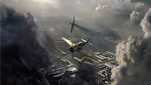biplanes on mid air over smoking building game application, World War II, Focke-Wulf Fw 190, Focke-Wulf, shipyard HD wallpaper