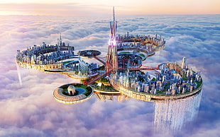 city floating above sky illustration, fantasy art, digital art, city HD wallpaper