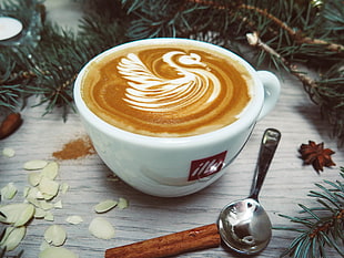 white ceramic teacup, Coffee, Cappuccino, Cinnamon