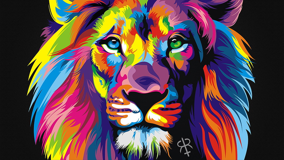 green, blue, pink, and orange Lion painting HD wallpaper