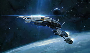 gray and black spacecraft illustration