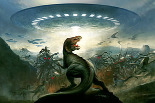 gray tyrannosaurus rex digital illustration, aliens, digital art, flying saucers, spaceship
