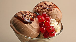 mocha ice cream with cherry on clear glass bowl