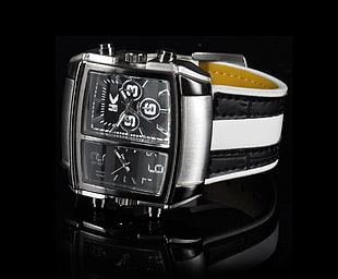 square black chronograph watch with leather band